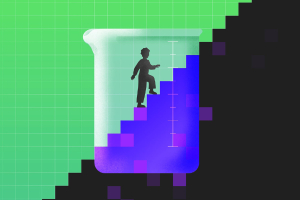 Illustration of person in chemistry glassware climbing stairs.