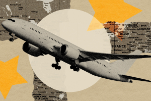 Image of a plane in front of map fragments.