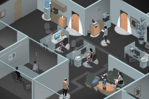Illustration of people moving through a series of work cubicles.