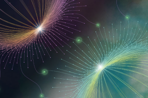 An illustration showing biocatalysts interacting. Small particles are emitted by two larger spheres.