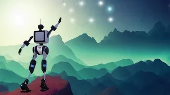 Illustration of a humanoid robot reaching for stars.